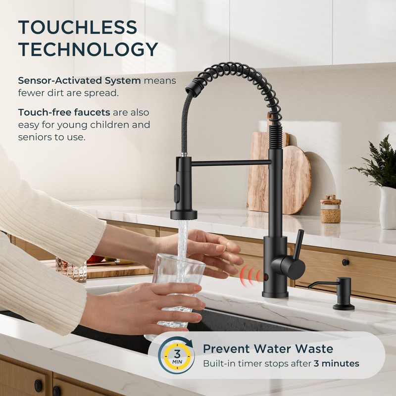 FORIOUS Black Touchless Kitchen Faucet with Soap Dispenser, Motion Sensor