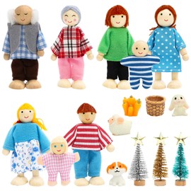 ONEST 19 Pieces Wooden Dollhouse Family Set Mini People Figures Sets Dollhouse Dolls Wooden Doll Family Pretend Play Figures Accessories for Pretend Dollhouse Toy