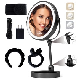 Glowden Smart 9" LED Light Makeup Mirror, Rechargeable, 1X/10X Magnifying Vanity Mirror with 3 Color Lights, Height Adjustable, Large Tall 360° Swivel Double Sided Standing Travel Mirror (Black)