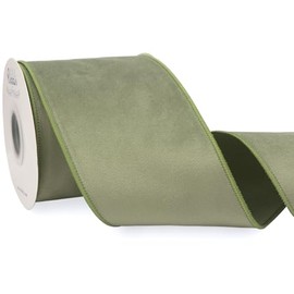Ribbli Sage Green Velvet Wired Ribbon with Dupioni 4 Inch Christmas Ribbon for Gift Wrapping Christmas Tree Decoration Crafts Wreaths Supplies-Continuous 10 Yards