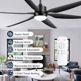 Ohniyou 66'' Ceiling Fan with Lights Remote Control, Large Ceiling Fan Black, 6 Blades 6 Speeds Ceiling Fans Light for Outdoor Indoor Patio Living Room Porch Office Garage Shop Factory Warehouse