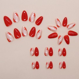 Fall Press on Nails Almond Short Fake Nails Red Nails Press ons Glossy Glue on Nails Winter False Nails with Leaves Designs White Acrylic Nails Artificial Stick on Nails for Women 24Pcs