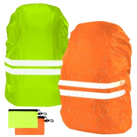 flintronic Backpack Waterproof Cover, 2 Pack Reflective Rucksack Cover, High Visibility Backpack Cover for Cycling, Running & Hiking (M 30-40L, Green & Orange)