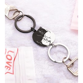 Looking Cat Keychain, Couple, Pairs, Matching, Cute, Simple, Cat Keyring, Girlfriend, Anniversary, Birthday, Lover, Friend, Gift, black+silver