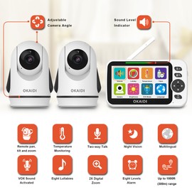 OKAIDI Video Baby Monitor with 2 Cameras, 5" Display Baby Monitor No WiFi, 30H Battery and 1000ft Range, Remote Pan-Tilt-Zoom Baby Camera, 2-Way Talk, 8 Lullabies, for Baby Pet Elderly