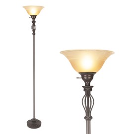 Torchiere Floor Lamps for Living Room & Bedroom – Stand Up Lamp with Corner Floor Lamp Design – Traditional Iron Scroll 70" Tall Alabaster Glass Bowl Shade (Brown)