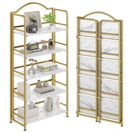 No-Assembly Gold Folding Bookshelf Storage Shelves 5 Tiers Vintage Multifunctional Plant Flower Stand Storage Rack Shelves Bookcase for Home Office