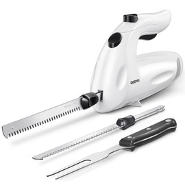 Reemix Electric Knife With Handle, 150W Powerful Electric Knife Set for Carving Meats, Poultry, Bread, Serving Fork and 2 Carving Blades Included (White with Handle)