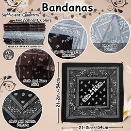 TFengfly 24 Pack Paisley Bandanas Bulk Unisex Cowboy Bandanas Head Scarf Necktie Face Cover (Black,Coffe,Gray)