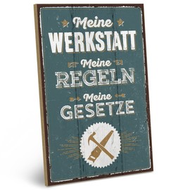 ARTFAVES® Wooden Sign with Saying "Meine Werkstatt Meine Regelen" Shabby Chic Vintage Sign Decorative Gift on Dad Theme, Funny Sayings, Father's Day, Size: 19 x 28 cm