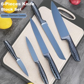 Kitchen Knife Set, 6-Pieces Blue Titanium Coated Knife Block Set with Wood Magnetic Knife Block, Non-stick & Non-slip Stainless Steel Sharp Chef Knife Set, Knives Set for Home Kitchen (Blue)