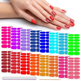 DANNEASY 224pcs/16 Sheets Nail Polish Strips, Nail Stickers Full Nail Wraps, UV Free | Self Adhesive Gel Nail Strips, Sticker Nails for Women with 1 Nail File, 1 Wooden Stick - Bright Solid Color
