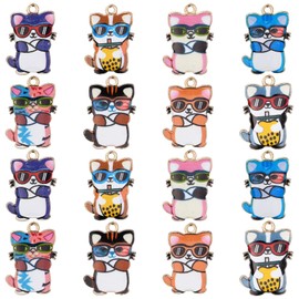 Stiesy 40Pcs 8 Colours Enamel Cat Charms Pendants Cool Kitten with Glasses Charm Colourful Printed Animal Dangle Charms for Jewellery Making DIY Bracelet Crafting