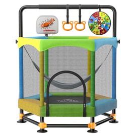 60" Trampoline for Kids, Twinkoo 5FT Fortified Toddler Trampolines with Anti-Rollover Bottom, Indoor/Outdoor Toddler Trampoline with Safety Enclosure, Adjustable Gymnastics Bars, Basketball Hoop