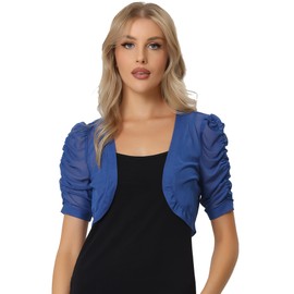 Allegra K Casual Short Sleeve Mesh Sheer Shrug for Women's Open Front Cropped Cardigan Bolero Blue M
