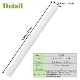 GXFCCYXT Fuel Fiberglass Tiki Torch Wicks 20 Pack Long-Lasting Planet Friendly Wick for Tiki Torches Oil Lamps & Langers - Durable Replacement Wick Set 1/2 x 9.84 inches