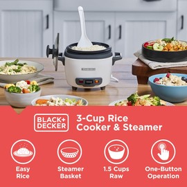 BLACK+DECKER 3-Cup Rice Cooker, 1.5-cup Uncooked Rice, 3 Cups Cooked, Steaming Basket, Removable Non-Stick Bowl, One Touch
