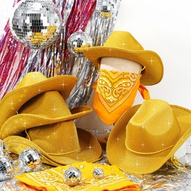 Coume 12 Pcs Adult Cowboy Hat for Women Men Western Glitter Cowgirl Hats with Adjustable Drawstring Cowboy Party Bandana(Glitter Gold)
