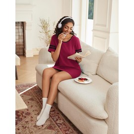Ekouaer Night Gowns for Adult Women Cotton Night Shirt Oversized Loose Fit Sleepwear Short Loungewear Nightdress Wine Red