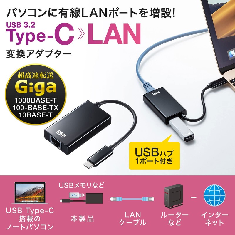 Sanwa Supply USB-C VLAN4BKN USB 3.2 Type C to LAN