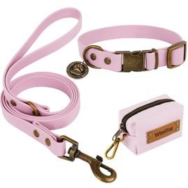 Dog Collar and Lead Set Combo: Adjustable Durable Pet Collars with Dog Leads for Small, Medium, Large Dogs, Includes a Bonus of a Poop Bag Holder (M, Burgundy)
