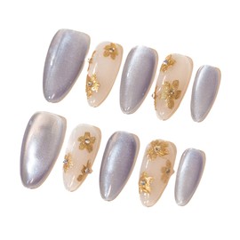 Sun&Beam Nails Handmade Nail Tip, Long, Almond, Blue, White, Gold, Gold, False Nails, 0, Flower, Simple Design, Stylish, Set of 10 (#215 L)