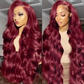 xaziudi 99J Burgundy Lace Front Wigs Human Hair 13X4 HD Burgundy Wig 200% Density Pre-Plucked Red Wig Human Hair For Women 24 Inch