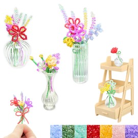 Losnakt Beaded Flower Bouquet Kit for Beginners: DIY Home Decor with Mini Vase Stand & Video Tutorial - Stress-Relieving Craft for Adult, Desk Decoration, Birthday Gift for Women