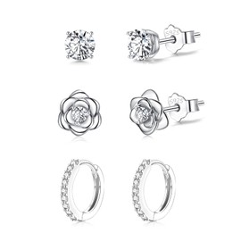 3 Pairs 925 Sterling Silver Earrings for Women Girls Small Silver Hoop Earrings Cubic Zirconia Stud Earrings Hypoallergenic Rose Flower CZ Earrings Cartilage Huggie Hoops Earrings Set for Women Girls