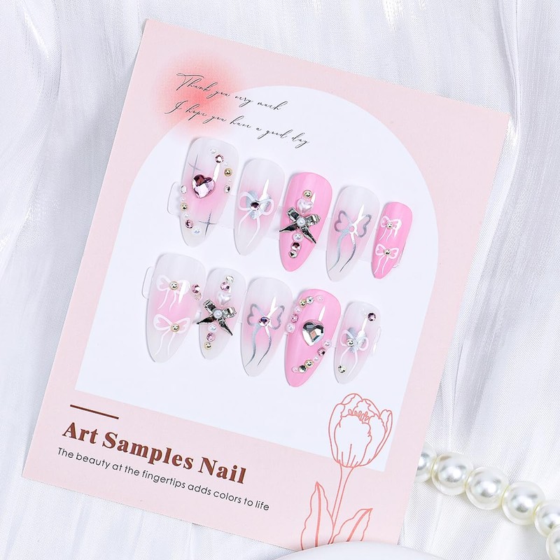 24Pcs Pink Press on Nails Long Almond Fake Nails Heart