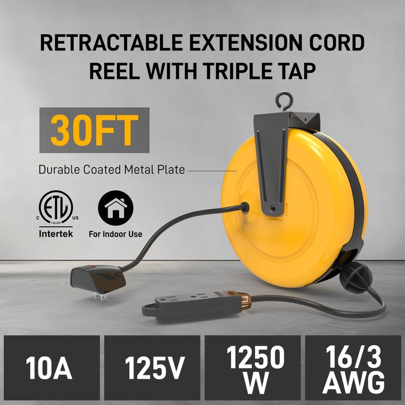 30Ft Retractable Extension Cord Reel, Ceiling/Wall Mount 16/3 Gauge SJTW