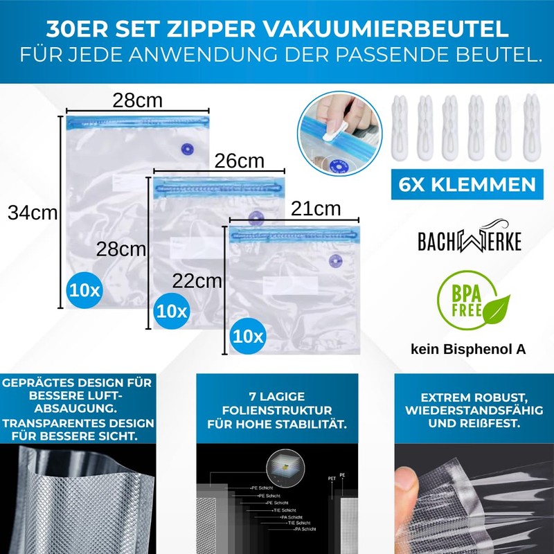 Bachwerke 30 vacuum bags, vacuum bags for vacuum sealer foil