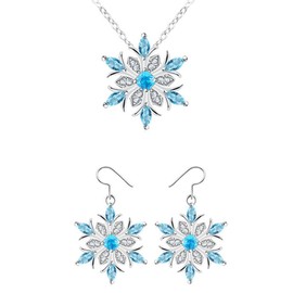 Rhinestone Snowflake Pendant Necklace with Earrings Blue Crystal Snow Flower Jewelry Set for Women Prom Wedding Bridals Jewelry Winter Festivels Necklace Earrings