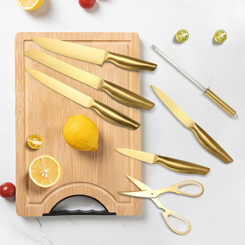 Gold Knife Set，8Pcs Gold Titanium-Coated Dishwasher Safe Kitchen Knife Block