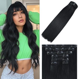 WindTouch Clip in Hair Extensions Real Human Hair #1 Jet Black Hair Extensions Remy Human Hair Full Head 16Inch 120g 7PCS Human Hair Clip in Extensions Black women