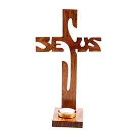 NKlaus Standing Cross Jesus Height 29 cm Wooden Lacquered for Tea Light Diameter 4-4.5 cm