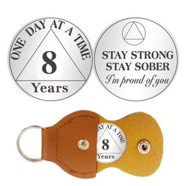 8 Year Sobriety Coin with PU Leather Keychain - One Day at a Time Sobriety Chip, AA Chips and Medallions, Sober Token, Sobriety Gifts, Recovery Gift for Men and Women - Stay Strong, Stay Sober