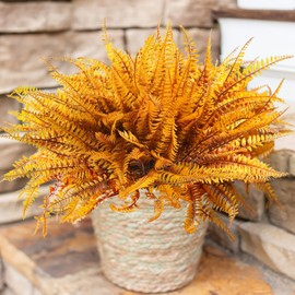 HyeFlora Artificial Fake Fall Autumn Boston Ferns Plants for Outdoor Outside, 10 Bundles Faux Silk Orange Fern Shurb UV Resistant Realistic for Front Door Porch Patio Yard Planter