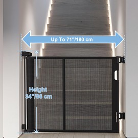 Colbabe 71 inches Extra Wide Retractable Baby Gate, 34 inches Tall Pet Gate for Stairs, Hallways, Kitchens, Safety Mesh Barrier for Kids and Dogs, Indoor Outdoor Use, Black