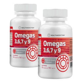 HEALTHADDICTION - 2 Pack Suplemento Omega 3, 6, 7 y 9 – 120 Cápsulas de 760mg c/u con Aceite de Pescado, Linaza, Oliva y Vitamina E – Suplemento Alimenticio (2 Envases)