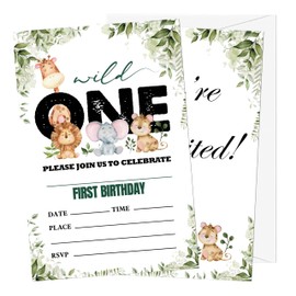 Gsauto Wild One Birthday Invitations, 20 Invitation Cards with Envelopes, Safari Zoo Invites for Party Decorations Favor Supplies - A15