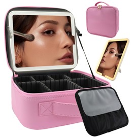 MORMID Travel Makeup Bag with LED Lighted Mirror, Travel Makeup Organizer,3 Color Setting Cosmetic Makeup Box, Adjustable Dividers and Brush Holder（Dark Pink）