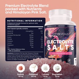 Longevous Electrolytes Tablets - Rapid hydration tablet with Pink Himalayan Salt, Magnesium, Calcium, Potassium, Vitamin D3. Salt tablets for Runners, Fasting, Hangover - 3 Months supply - 90 Capsules