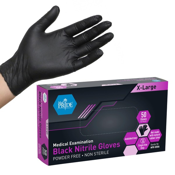 MED PRIDE Black Nitrile Examination Gloves Small [Box of 50]- 4 Mil Thick Disposable Latex/Powder-Free Surgical Gloves For Doctors Hospital & Home Use