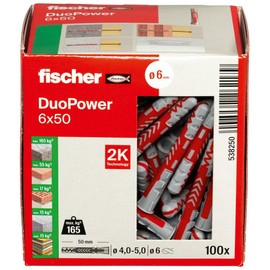 fischer DuoPower 6 x 50, Powerful Universal Plug with Intelligent 2-Component Technology for fastenings in Concrete, Bricks, Gypsum plasterboard, chipboard, etc., 100 Plugs Without Screws