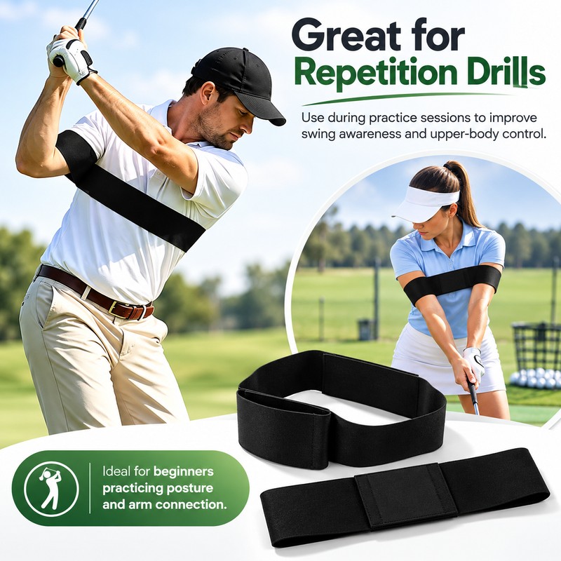 Golf Swing Arm Strap for Beginner Practice – Black Double-Ring