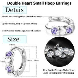 JeweBella 925 Sterling Silver Small Hoop Earrings Heart for Women Girls Earrings Colourful Zirconia Heart Earrings Hypoallergenic Sleeper Cartilage Earrings Hoop Earrings Pink Purple Blue White for