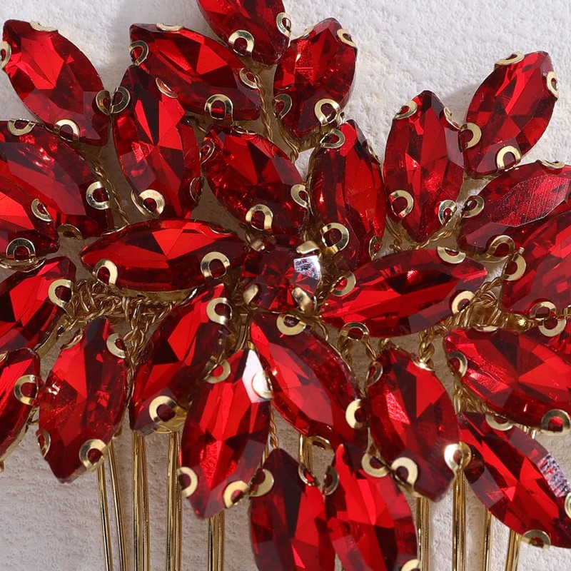 Teyglen Bridal Crystal Flower Hair Comb Full Red Rhinestone Hair