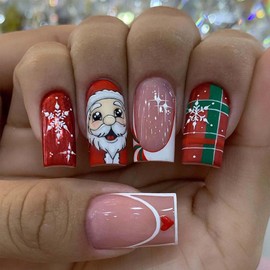 Christmas Fake Nails Medium Square Press on Nails Snowflake Santa Claus with Plaid Design French Tip False Nails Xmas Nails Acrylic Artificial Nails Glossy Glue on Nails Stick on Nails for Women 24Pcs