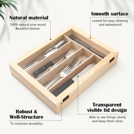 Baderke Silverware Storage Box with Lid Kitchen Drawer Organizer Utensil Organizer with Lid 5 Slots Wooden Silverware Storage Case Silverware Container Tray for Kitchen Cutlery Countertop